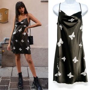 Butterfly Print Silky Satin Mini Slip Dress Medium Side Slit Hunter Green Medium